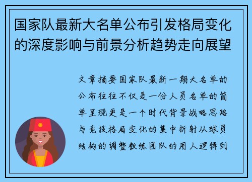 国家队最新大名单公布引发格局变化的深度影响与前景分析趋势走向展望 国家队最新大名单公布引发格局变化的深度影响与前景分析趋势走向展望